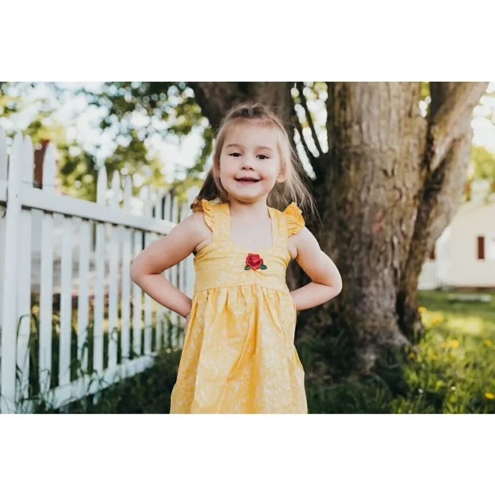 Handmade Boutique Childs Belle Yellow Marbled Sweetheart Bodice Embroidered Rose